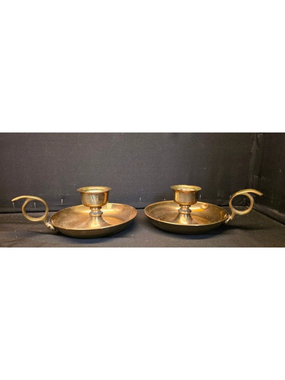 Vintage Brass Chamberstick Candle Holder w/ Finger Loop & Drip Tray Set of 2